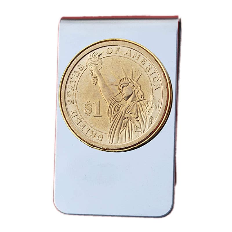 US 2007 ~ Current Year Presidential Dollar BU Uncirculated Coin Stainless Steel Gold Silver Two Tone Money Clip NEW - the Statue of Liberty