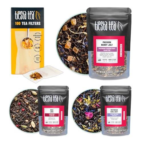Image of Tiesta Tea - Black Tea Starter Kit, Loose Leaf, Premium Black Gift Set, High Caffeinated, Make Hot or Iced, Variety Pack with 3 Samplers & 100 Disposable Filters