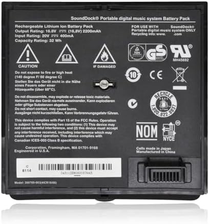 300769-003 Battery for Bose Sounddock Portable Digital Music System SoundLink Air Series 300769-002 300769-004 300769-001 300770-001 4ICR19/66 16.8V 2200mAh 32Wh (Black) 300769-003 Battery for Bose Sounddock Portable Digital Music System SoundLink Air Series 300769-002 300769-004 300769-001 300770-001 4ICR19/66 16.8V 2200mAh 32Wh (Black)