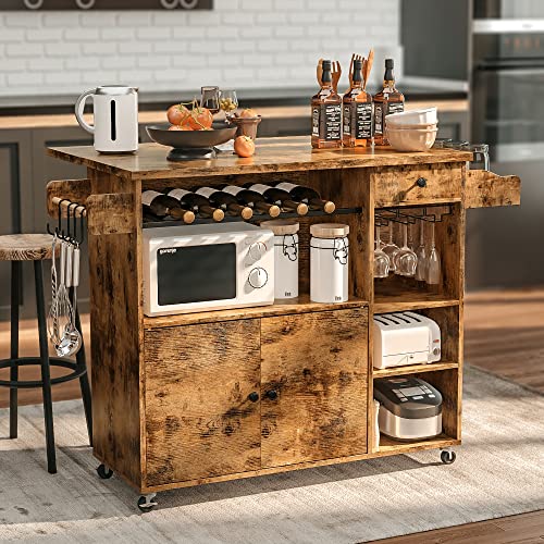 Ironck Rolling Kitchen Island Cart With Drop-Leaf And Wine Rack, Microwave Rack Serving Cart On Wheels With Drawer & Shelves & Spice Rack & Cup Hanging, Vintage Brown #TOP1