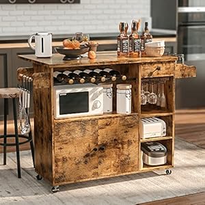 IRONCK Rolling Kitchen Island Cart with Drop Leaf and Wine Rack Microwave Rack Serving Cart on Wheels with Drawer Shelves Spice Rack Cup Hanging Vintage Brown