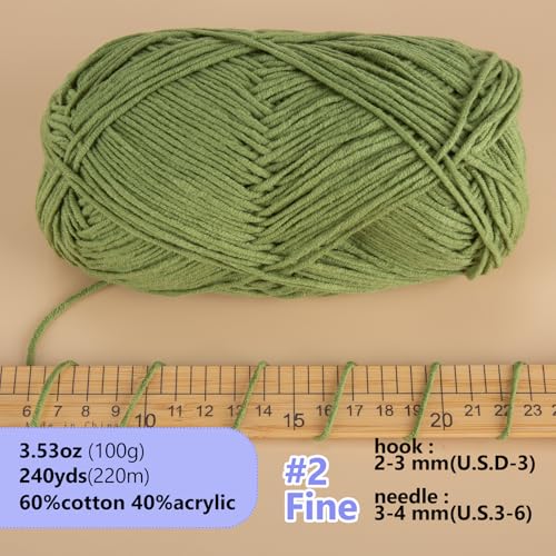 Image of LUCKY BALL Milk Cotton Yarn, 100g / 240 yd 60% Cotton 40% Acrylic #2 Fine Sport Yarn, Soft Crochet & Knitting Yarn for Amigurumi Dolls, Baby Items, Flowers, Hats, Sweaters, Blankets (Army Green)