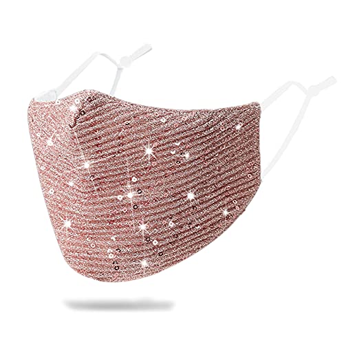 Image of Sparkly Sequins Mouth Masc Fashion Designer Glitter Cotton Face Cover With Adjustable Ear Loops Reusable Masquerade Party Nightclub Rave Festival Sequins Face Covering (Pink)