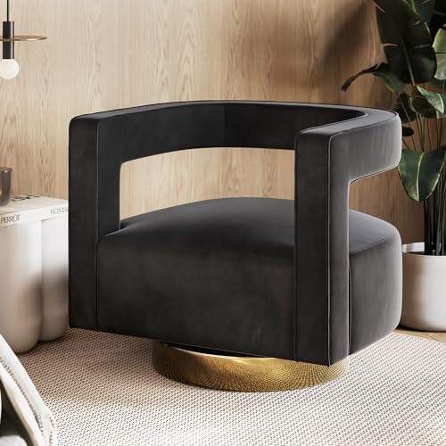 Image of BELLEZE Swivel Barrel Accent Chair, Modern Upholstered Arm Comfy Velvet Curved Back Round Chair with Gold Base Wood Frame, 360 Degree for Living Room Bedroom Office,Black