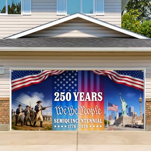 Image of 16x7 ft USA 250 Years History Garage Door Banner - inchWe the People inch Tribute with Soldier & Statue of Liberty Scene, Hanging Large Backdrop for Semiquincentennial Events & Patriotic Display