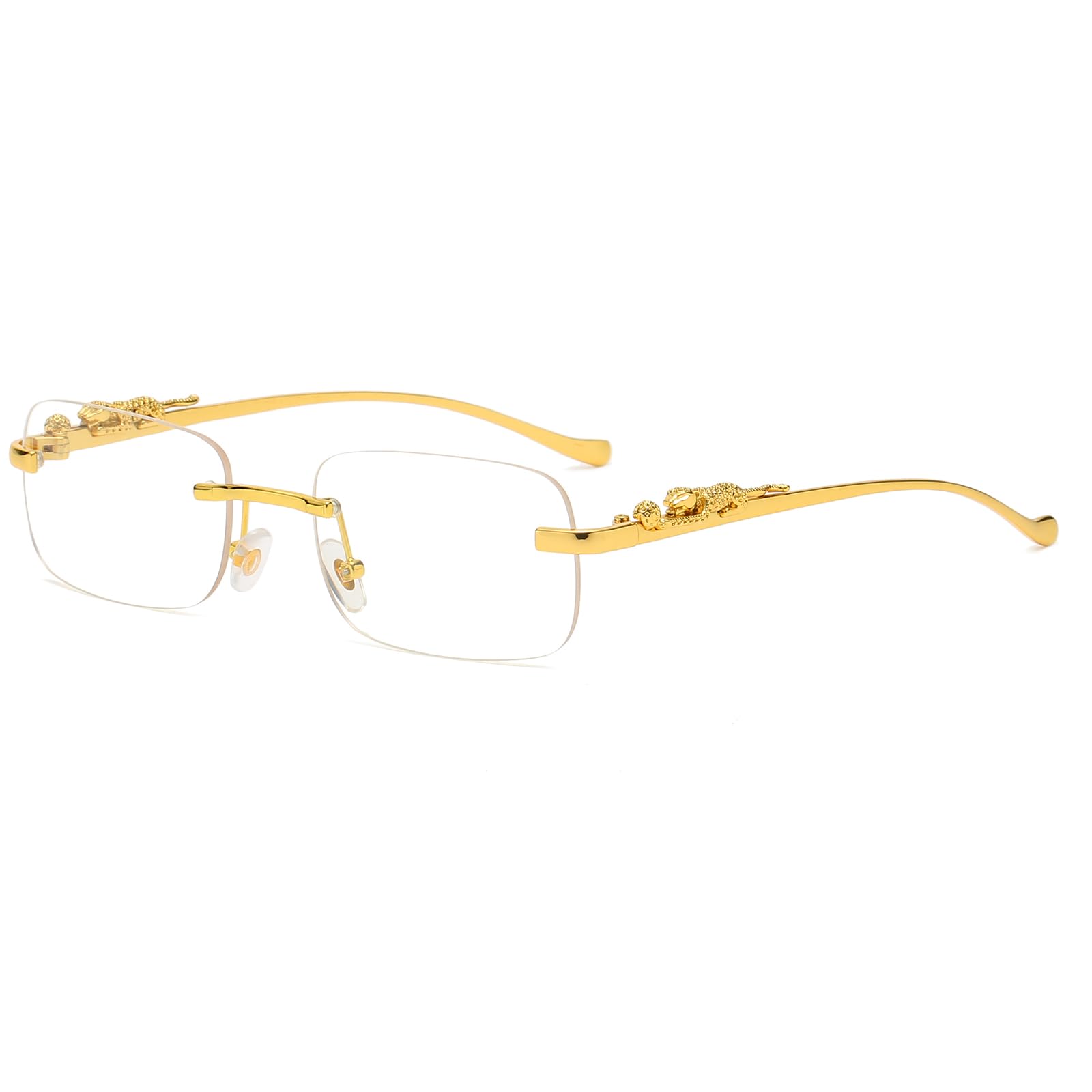 Vintage Small Rimless Rectangle Sunglasses Metal Gold Silver Leopard Eyewear for Women Men