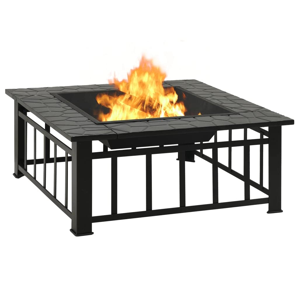 XXL Feuerkorb Stahl 79x79x46,5 cm mit Netzabdeckung und Schürhaken, Feuerschale für Garten und Terrasse, praktische Oberplatte für Getränke, sicherer Funkenflugschutz