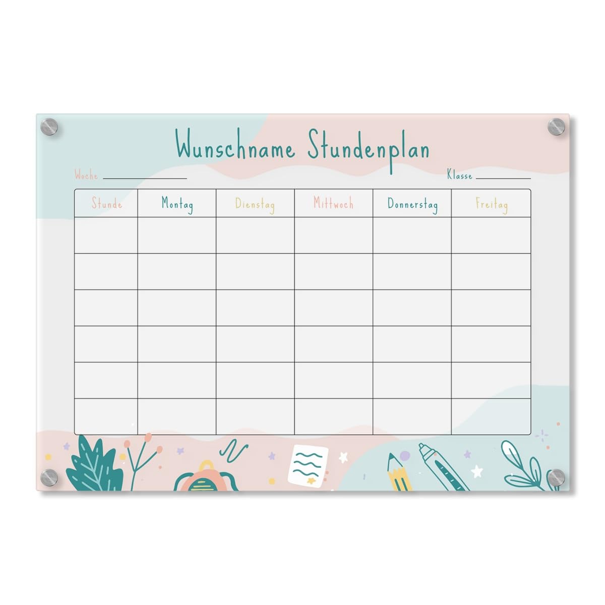 Personalisierter Acrylglas Stundenplan für Kinder abwischbar DIN A3, A2 oder A1 XXL wählbar inkl. Montagematerial und Edelstahl Abstandhalter, langlebig, klarer UV-Druck