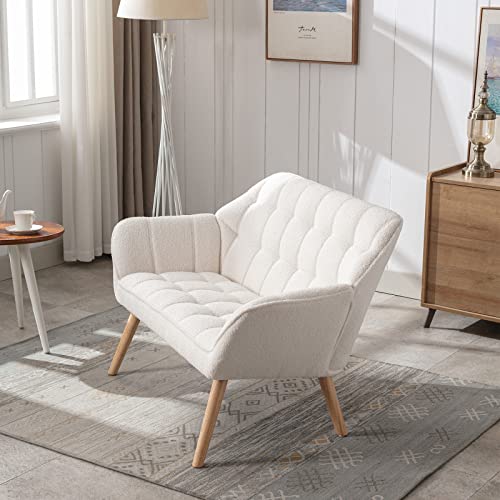 Quinjay 48'' Small Loveseat Sofa, Modern Sherpa Mini Sofa Couch 2-Seater Fluffy Love Seat With Quilting Backs And Wood Legs For Living Room, Bedroom And Small Space, White, White; Fluffy #TOP3
