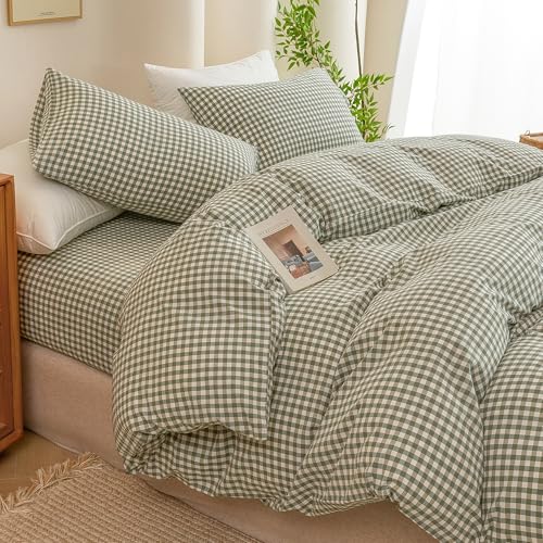 Image of ECOCOTT Green Gingham Duvet Cover King Size 100% Washed Cotton Like Linen Feel Super Soft & Comfy Bedding Set Modern Checkered Design for All Seasons