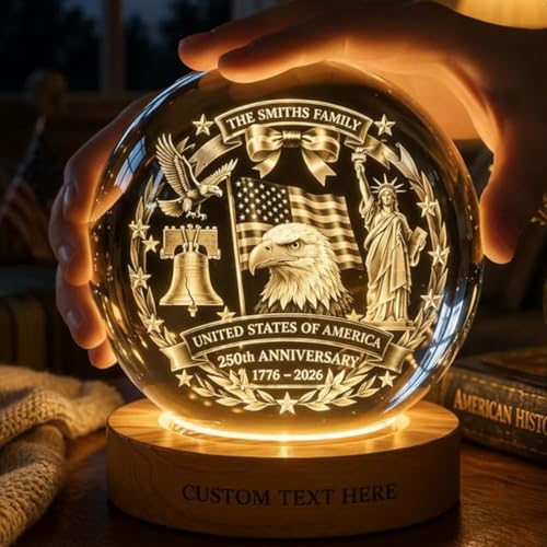 Image of 250 Anniversary Usa Merchandise, Personalized 250th Anniversary Crystal Ball Night Light, Custom 1776-2026 USA LED Lamp, Engraved Patriotic Gift, American Independence Decor Light for Home Desk