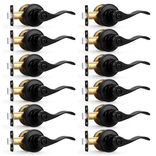 Probrico Black Door Lever Wave Style Interior Door Handles Privacy Door Levers for Bathroom and Bedroom Keyless Reversible Door Handle, 12 Pack