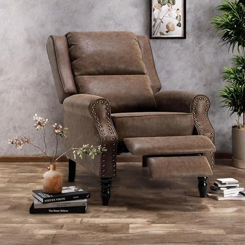 Image of Leather Recliner Chair, Pushback Recliner Chair with Adjustable Backrest Footrest, Mid Modern Reclining with Overstuffed Arms Lumbar Support for Reading, Living Room, Coffee Brown