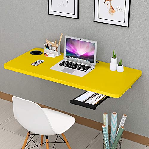 Image of QARA Wood 31x18.5 Inch Wall Mounted Folding Study Table with Drawer & Cup Holder - Yellow, Powder Coated