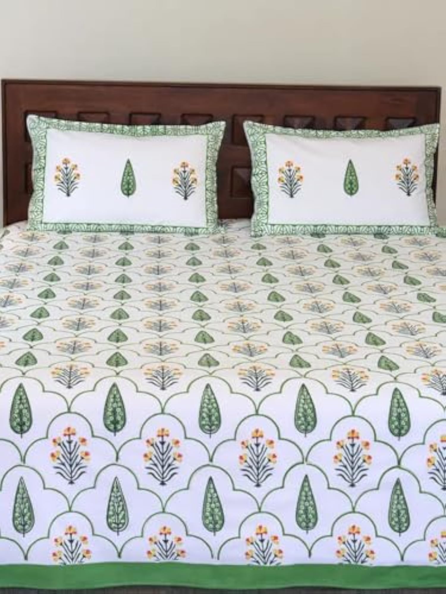 Floral Percale Cotton Bedsheet with Pillow Cover, Hand Block Printed