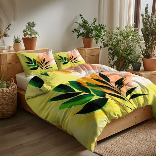 Housse de Couette Réversible Douceur Microfibre Parure de Lit Fleurs Tropicales 3 Pièces