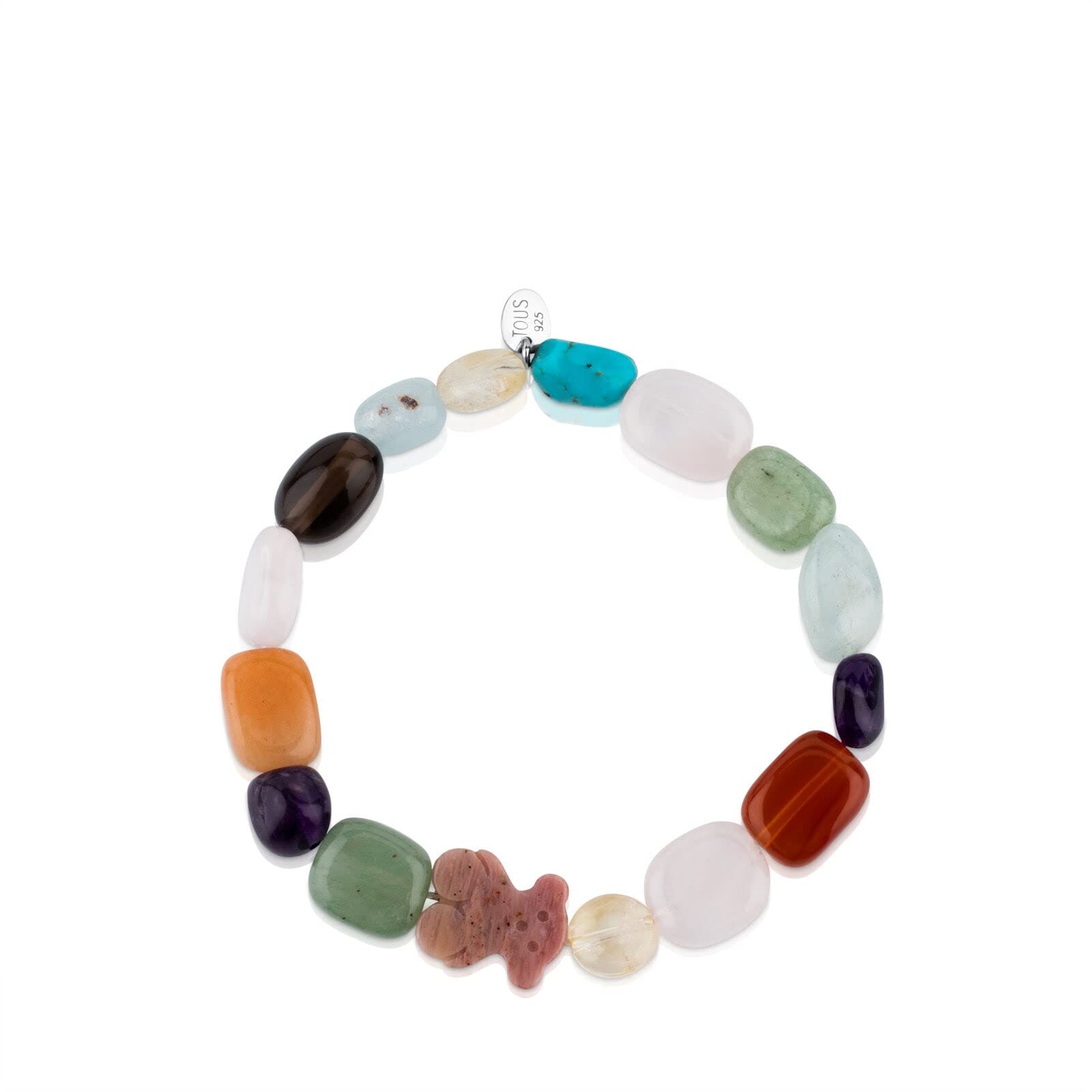 TOUS Damen Rhodonit Kugeln Elastisches Armband mit Sterling Silber Bär Muster, Länge 17cm, jung und frisch, Icon Color Kollektion