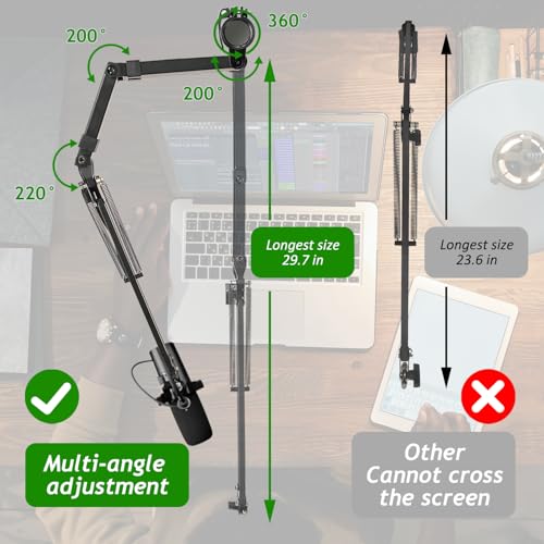 Image of Mic Boom Arm, Adjustable Height Overhead Microphone Stand with Heightened Extension Riser for Shure SM7B Blue Yeti HyperX QuadCast S and other Mic