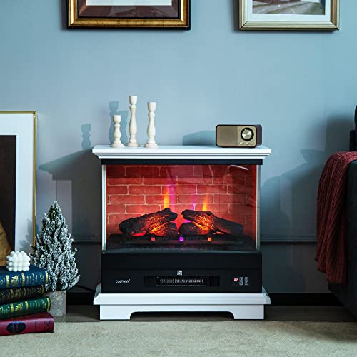 Tangkula 27 Inch Freestanding Fireplace, 1400W Electric Fireplace Heater W/3-Level Vivid Flame & Thermostat Control, 0.5-6H Timing Function, Overheating Protection For Living Room, Bedroom (White) #TOP6