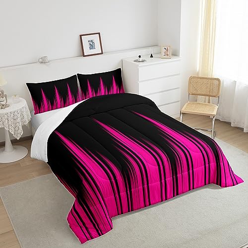 Image of Rose Pink Ombre Comforter Set Full Size, Ombre Striped Comforter Abstract Pink and Black Comforter Kids Toddler Pink Stripe Duvet Set Breathable Bed Set 3Pcs