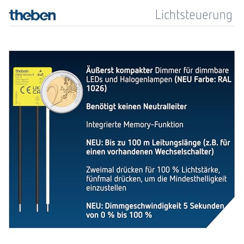 Theben 5400130 DIMAX 540 plus B - Mini Unterputz-Dimmer I benötigt keinen Neutralleiter I 100 m Kabellänge I Memory Funktion I Altbau, Nachrüstung und Renovierung I Einstellbare Mindesthelligkeit