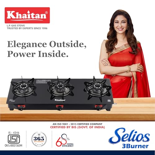Image of Khaitan 3 Burner Selios Black Manual Gas Stove Toughened Glass, Alloy Premium Burners, ISI Marked with 1 Year Warranty