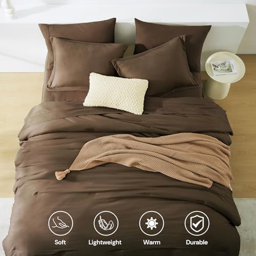 Image of Queen Comforter Set-7 Pieces Soft Prewashed Bed in a Bag Queen Bedding Sets | All Season Comforter with Sheets, Pillow Shams & Pillowcases,Chocolate Brown