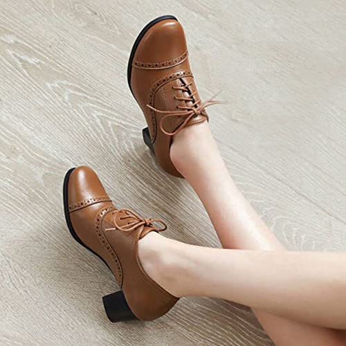Shemee Women's Chunky Lace Up Vintage Oxfords Dress Pumps Round Toe Block Mid Heels Retro Brogues Shoes(Brown, Us 7) #TOP6