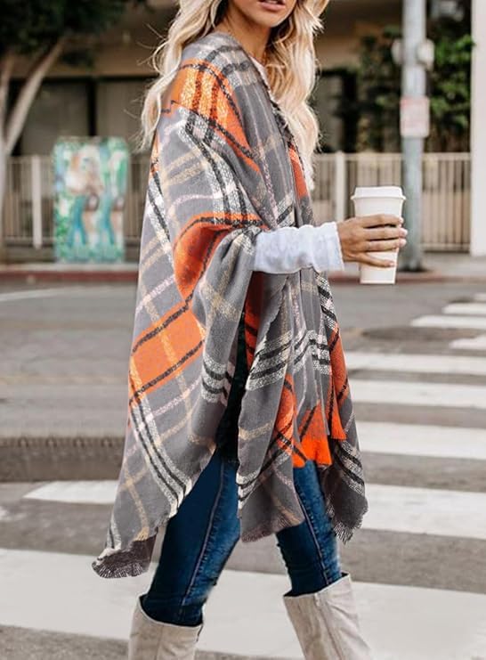 Image of LittleMax Shawls and Wraps for Women, Knit Open Front Boho Cardigan Plaid Shawl Cape, Orange Brown