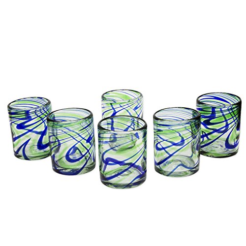 Novica Blown Glass Rocks Glasses Hand Made In Blue Green Mexico 'Elegant Energy'(Set Of 6) #TOP18