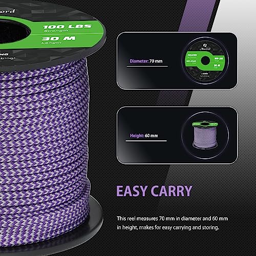 Abma Cord Paracord 100 lbs 2mm 100% Nylon 30M - Purple & Silver Grey, Shockwave-purple & Silver Grey, 30 Meters - Image 2