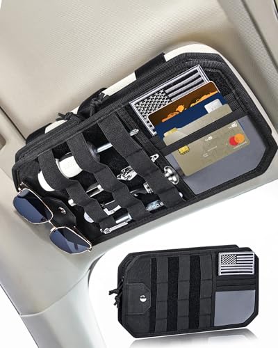 Heavy Duty Molle Car Sun Visor Organizer Tactical Pounch with Flag and Glasses Clip Store Your Daily Items for Most Cars, Trucks, SUVs, Compacts, 12.8x6.9x1.2
