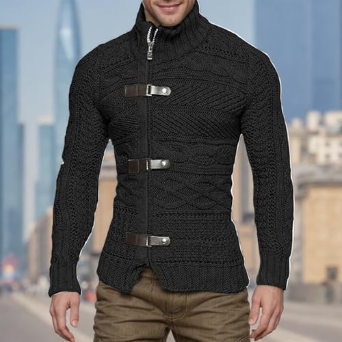 Men's Cable Knitted Sweater Fall Winter Fashion Chunky High Neck Button Front Long Sleeve Cardigan2