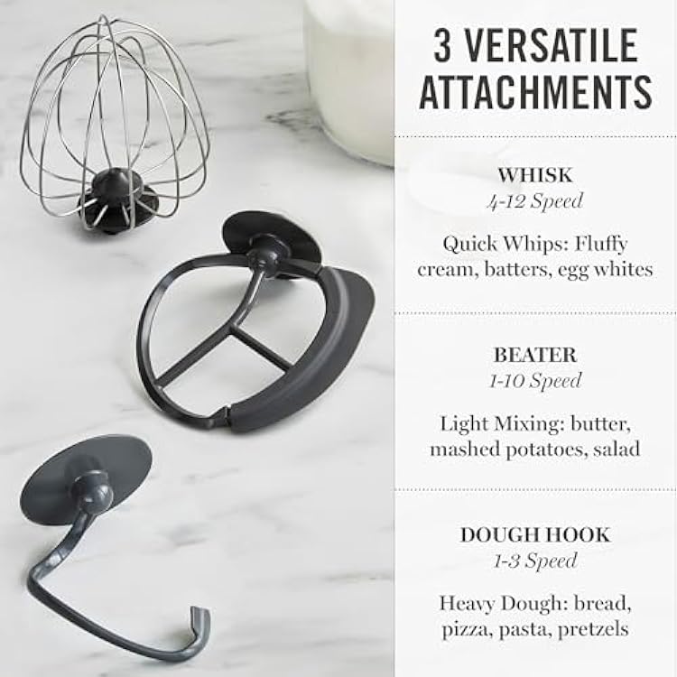Martha Stewart Tilt-Head Stand Mixer, 12 Speed, 5.3QT Stainless Steel Bowl, Splash Guard with Pour Chute, Whisk, Dough Hook, Flat Beater, Electric Kitchen Baking Mixer, Bread, Cake, Whip, Linen White