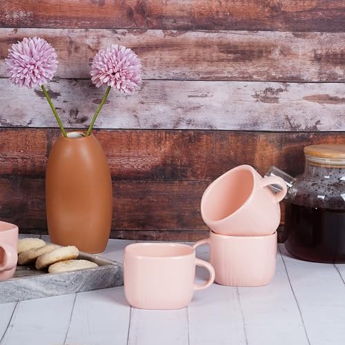 Image of Dandy Lines Zen Coffee Mugs in Peach, 199 ml, Ceramic, Pack of 6, Microwave & Dishwasher Safe, Great for Home Use & Gifting