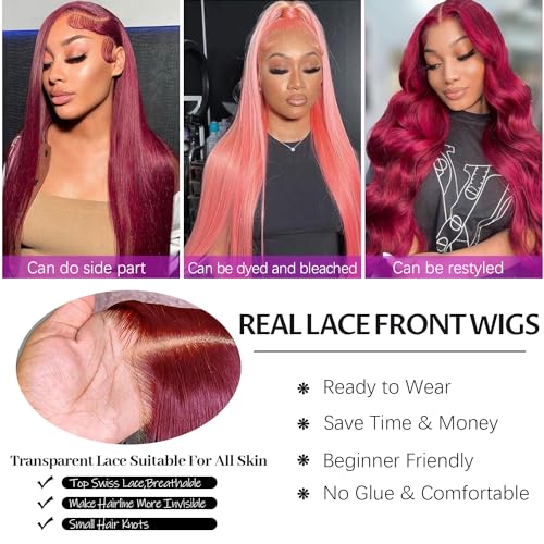 30 Inch 99j Burgundy Lace Front Wigs Human Hair Pre Plucked, 13x4 Straight Human Hair Lace Front Wigs Wine Red, 180 Density HD Transparent Glueless Human Hair Wigs for Black Women (30 Inch) - Image 6