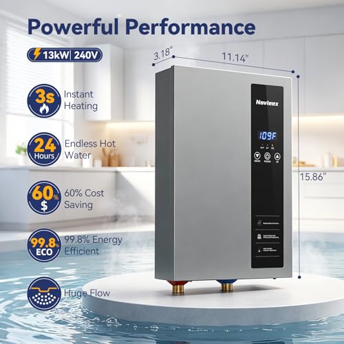 Image of 13kW Tankless Water Heater Electric, NOVIEEX 240V 3s Instant Hot Water Heater, Flow Rate Max 3.6 GPM, Supply for 1-2 Points, Indoor Installation, Ideal for Apartment, Garage, Salon, Bathroom, Kitchen
