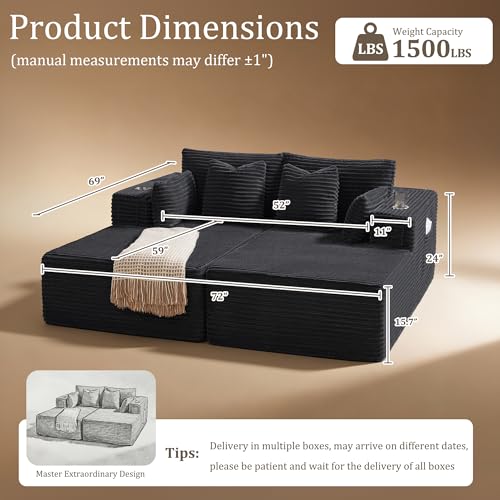 Image of 72 inch Cloud Sectional Couch, Comfort Sleep Sofa for Living Room, Extra Deep Seats No Assembly, Minimalist Modular Couch, Corduroy (Black, Loveseat Chaise)