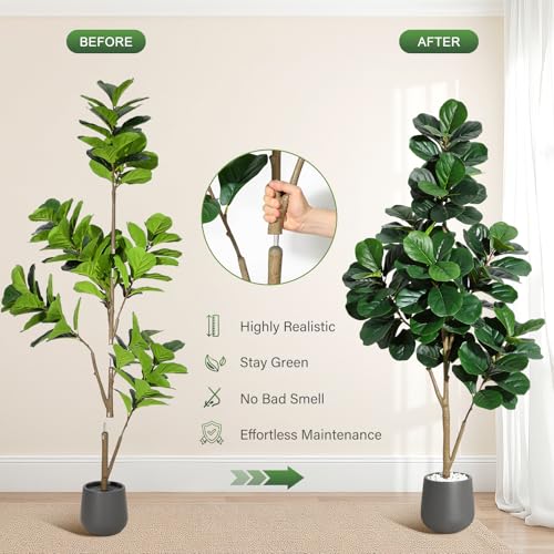 6FT Fiddle Leaf Fig Tree Artificial with 108 Leaves - Realistic Faux Ficus Lyrata Trees in 9" Grey Planter Pot, Indoor Fake Floor Plants for Home Office Living Room Decor, Housewarming Gift