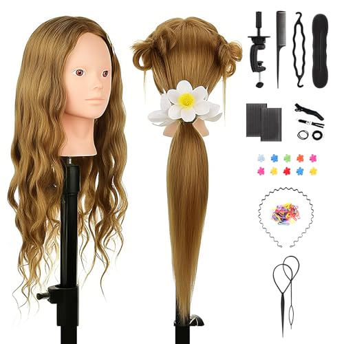 TwoWin Testina Parrucchiere con Base Truccabile e Capelli 80% Naturali - 26 Pollici /66 cm Manichino per Formazione Acconciature con Morsetto e Kit Extension (Natrual Brwon)