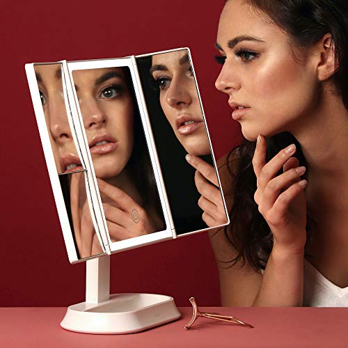 Fancii Large Makeup Mirror with Natural LED Lights, Lighted Trifold Vanity Mirror with 5x & 7x Magnifications - Dimmable Lights, Touch Screen, Cosmetic Stand (Sora)