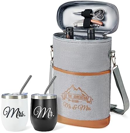 AW BRIDAL Wedding Gifts Bridal Shower Gifts Anniversary Engagement Gifts for Newlyweds Mr and Mrs gifts – Wine Cooler Bag Insulated Wine Carrier Tote with Tumblers