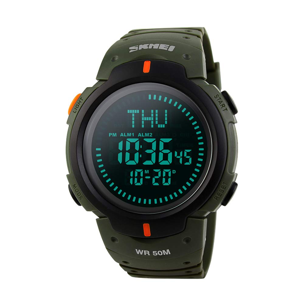 – Men's Military Sports Digital Watch Survival Compass LED Screen Large Face 50M Waterproof Stopwatch Alarm Wristwatch (Green)