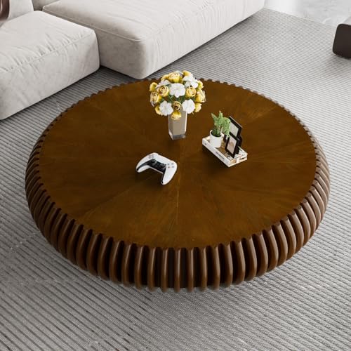 DAXUESEH Couchtisch aus Walnussholz, rund, 100 cm, modern, einzigartig, geriffelt, Mitteltische mit Sockel, handgefertigter runder Beistelltisch für kleine Wohnungen