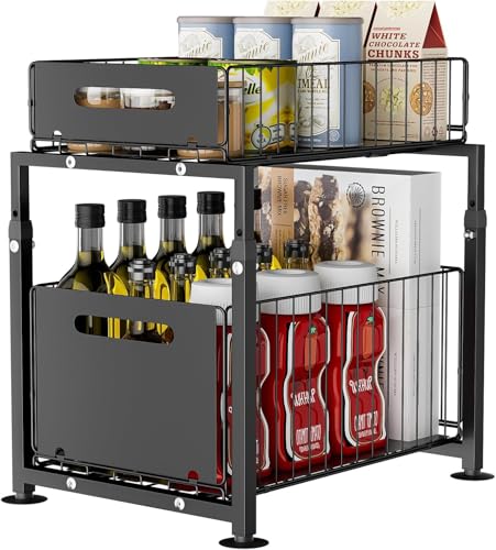 LANTUS Rangements sous Evier 2 Niveaux Organisateur Coulissant,Paniers Coulissants, Empilable,Étagères pour Placard Meuble Cuisine Salle Bain,29 x 38 x 49 cm (noir)