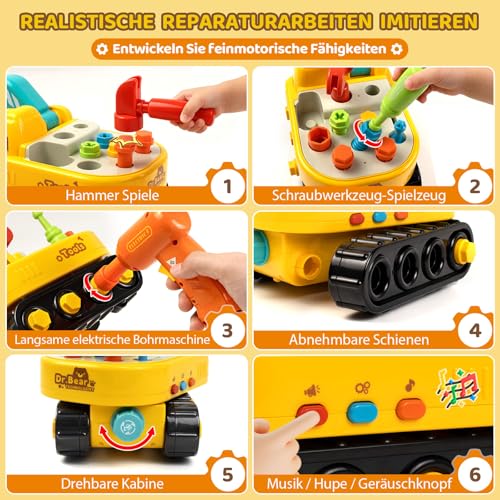 Marstone Spielzeug ab 2 Jahre, Werkzeug Kinder, Schraub Spielzeug ab 3 Jahre mit Werkzeug Elektrischem Bohrer, Montessori Bagger mit Musik Licht, Kinder Geschenk ab 2 3 4 5 Jahre Jungen Mädchen