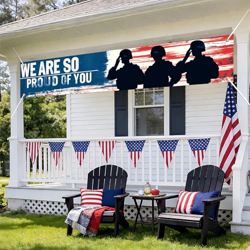 Image of BlissYard 4th of July Banner 118 x 20 Inch We Are So Proud of You Backdrop Patriotic Banner for Outside American Flag Military Banner for Yard Fence Porch Welcome Home Decorations