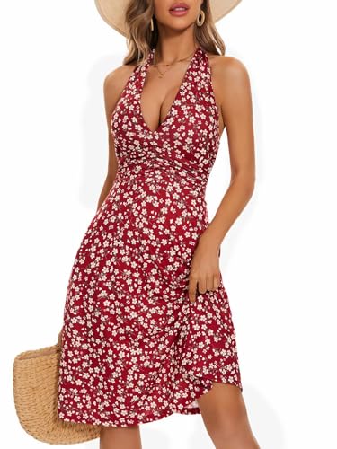 BETYFUL Sommerkleid Damen V-Ausschnitt Rückenfreies Kleid Neckholder Sexy Midi Leicht Kleid Strandkleid Boho Kleider mit 2 Taschen