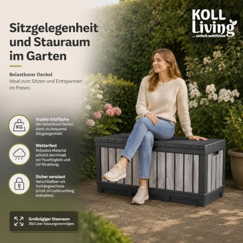 Koll Living Gartenbox Kentwood 350 Liter Stauraum in Holzoptik Stormgrey | Aufbewahrungsbox mit Sitzfunktion für Sitzauflagen, Gartengeräte oder Kinderspielzeug | wasserdicht & gut belüftet