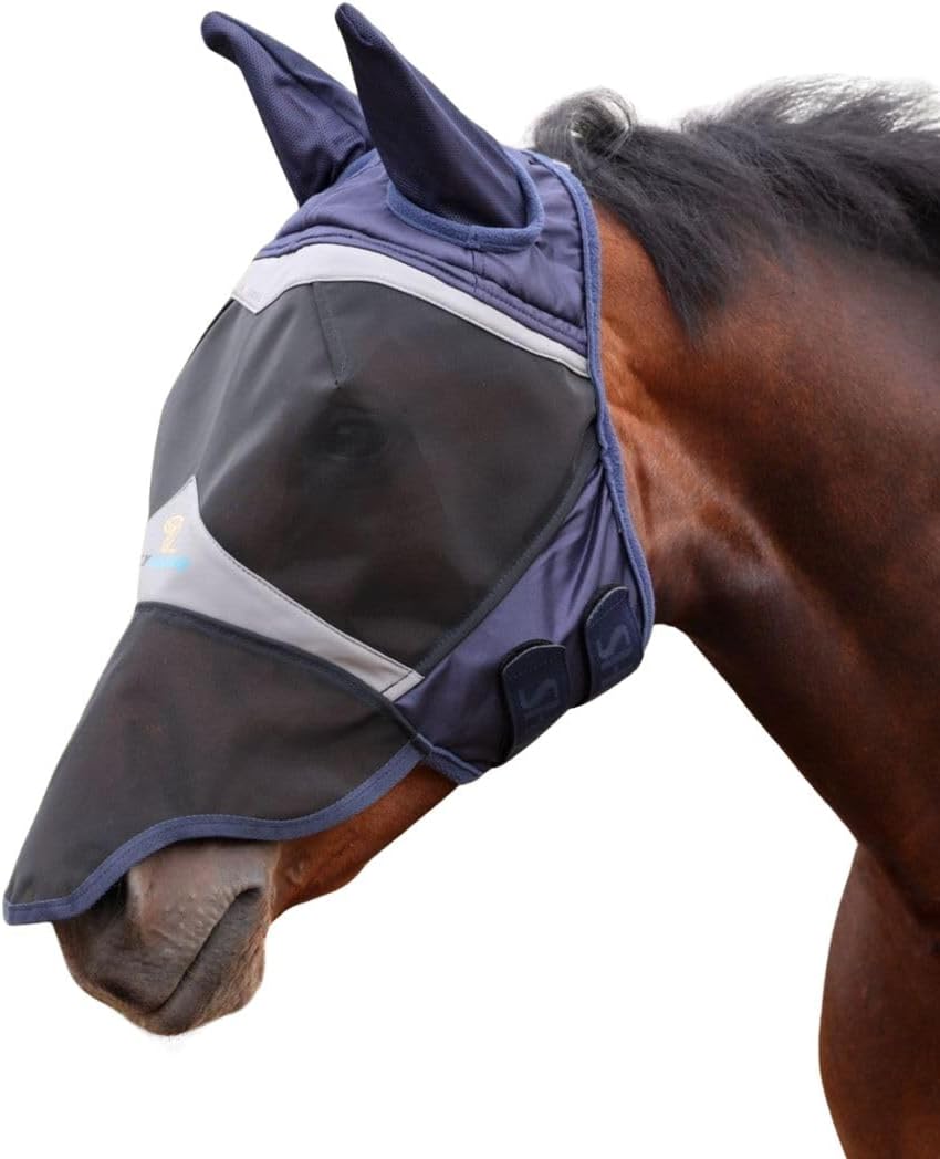 Shires FlyGuard Pro Fine Mesh Fly Mask with Ears & Nose – Full Size | Lightweight Breathable Mesh Fly & Insect Protection | Secure Fit for Turnout, Grazing & Stable Use | Navy Colour